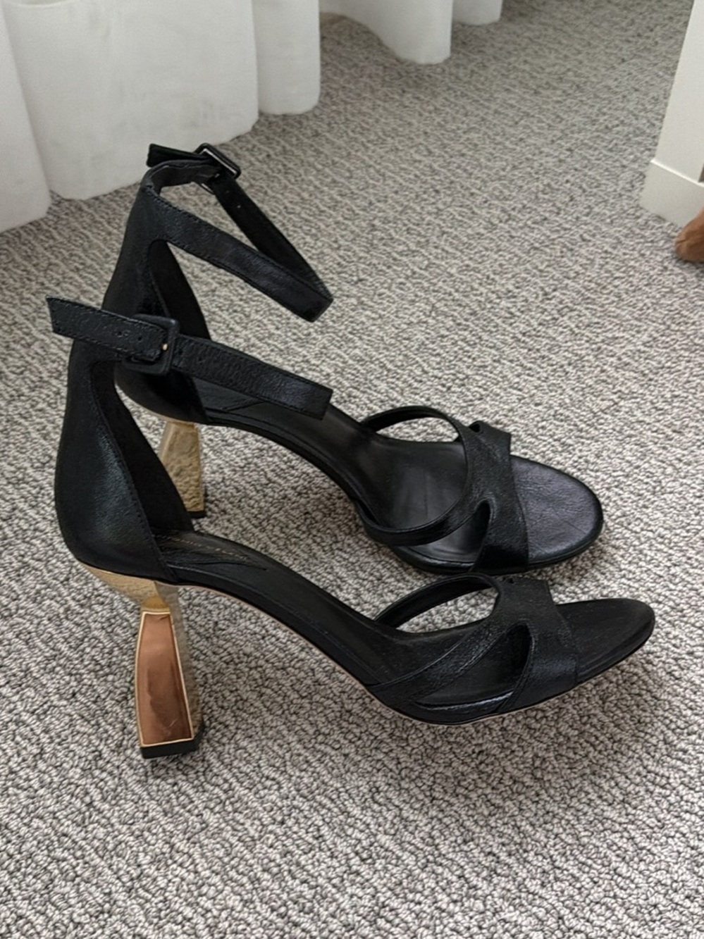 Antonio Melani Black Ankle-Strap Sandals with Gold Block Heel size 10